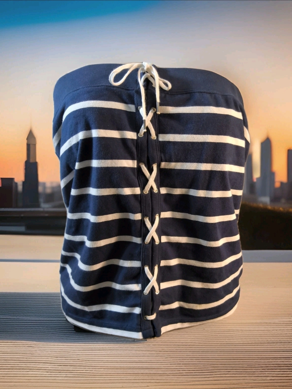 American Living Navy & White Striped Lace-Up Tube Top Size L